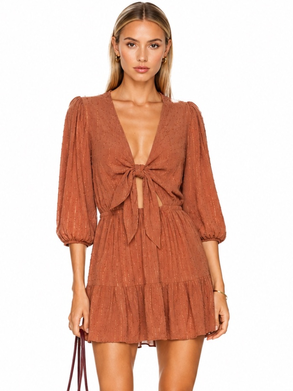 l*space Stay Golden Rust Tie-Front Tiered Mini Dress Medium New Tags